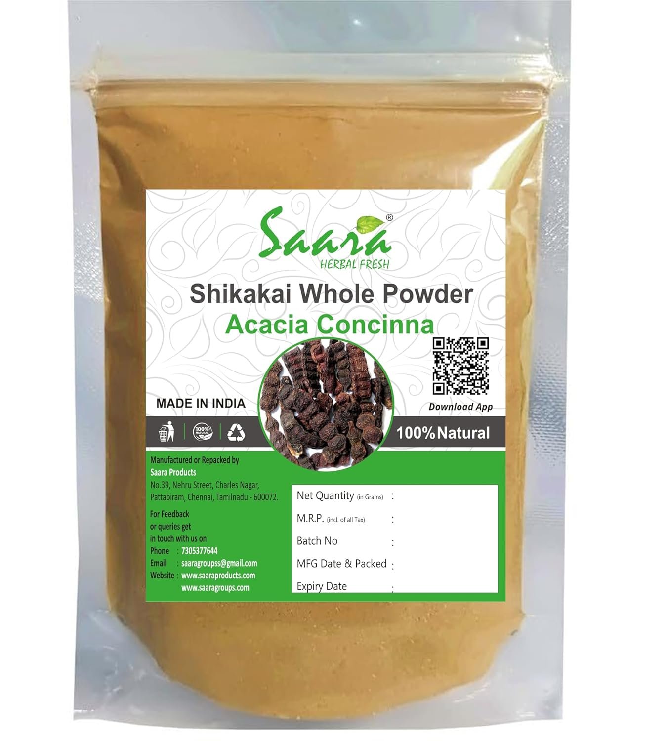 Shikakai Powder 100g, Shika, Seeuakkai, Soap pod, Acacia concinna, Seekaaya Powder For Hair & Skin