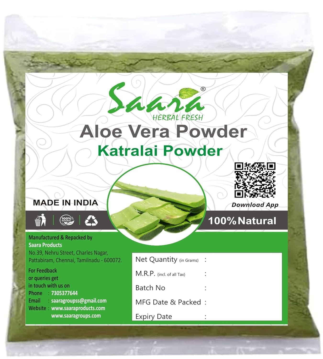 Aloe Vera Powder, 100g, Katralai, Aloe Barbadensis, Kathalai, Alovera Powder, 100g
