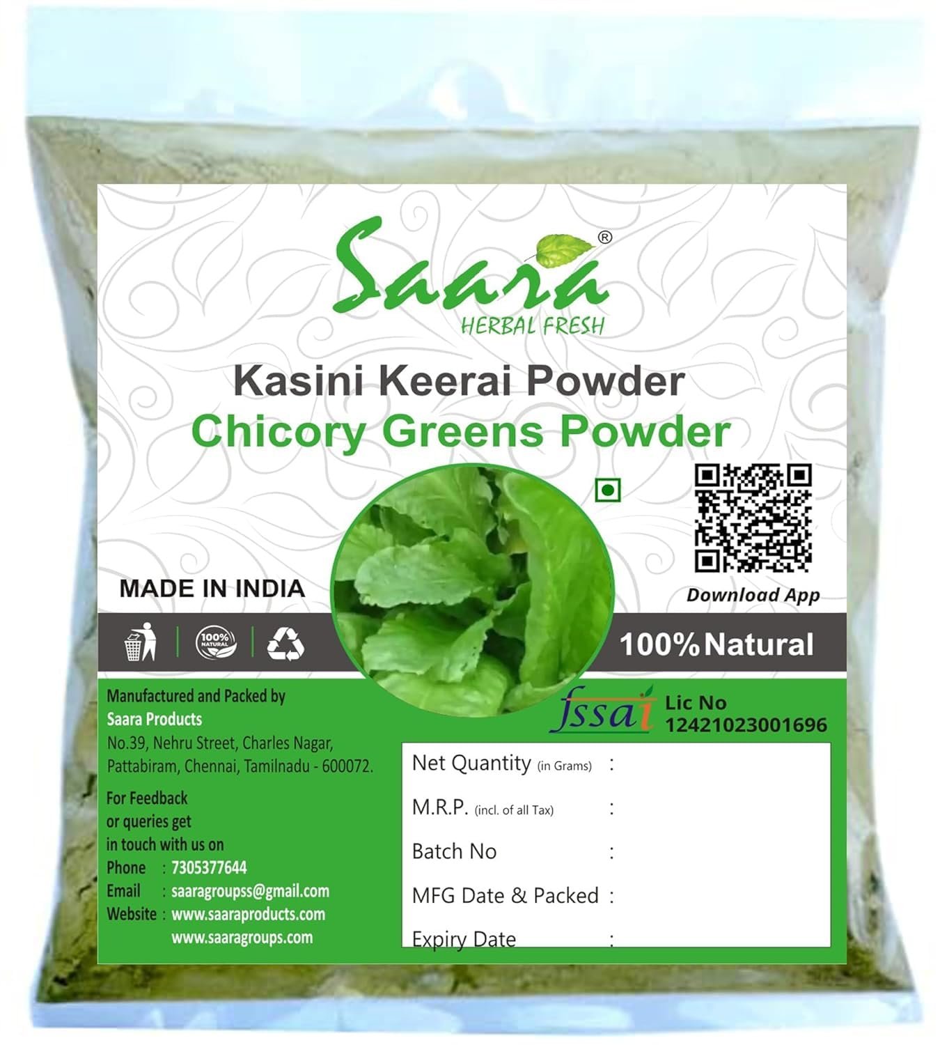 Kasini Keerai Powder, 100g, Kasni, Chikory, Cichorium Intybus, Chicory Greens Powder