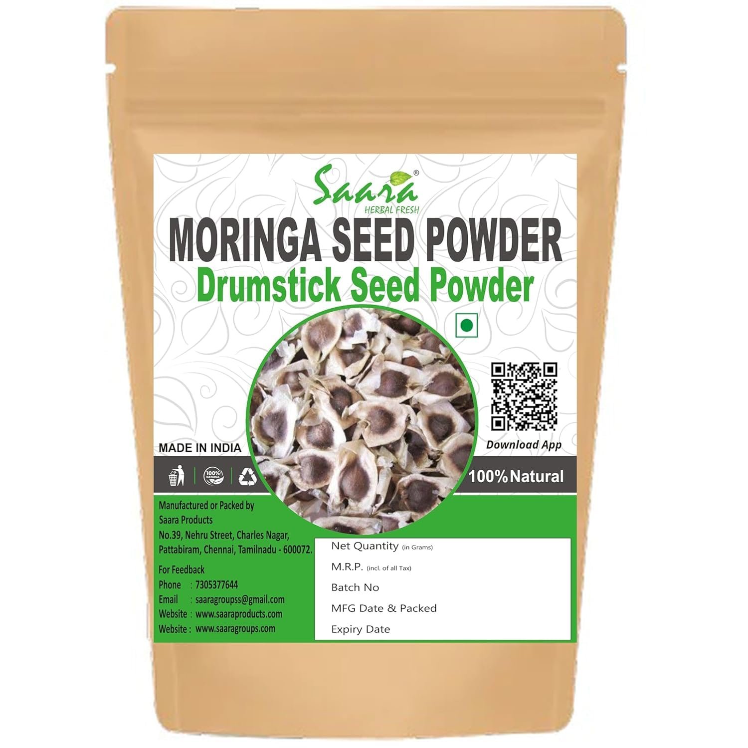Moringa Seed Powder, 100g, Murungai Vidhai, Drumstick Seed, Mulaga Chettu, Ahijan, Muringai