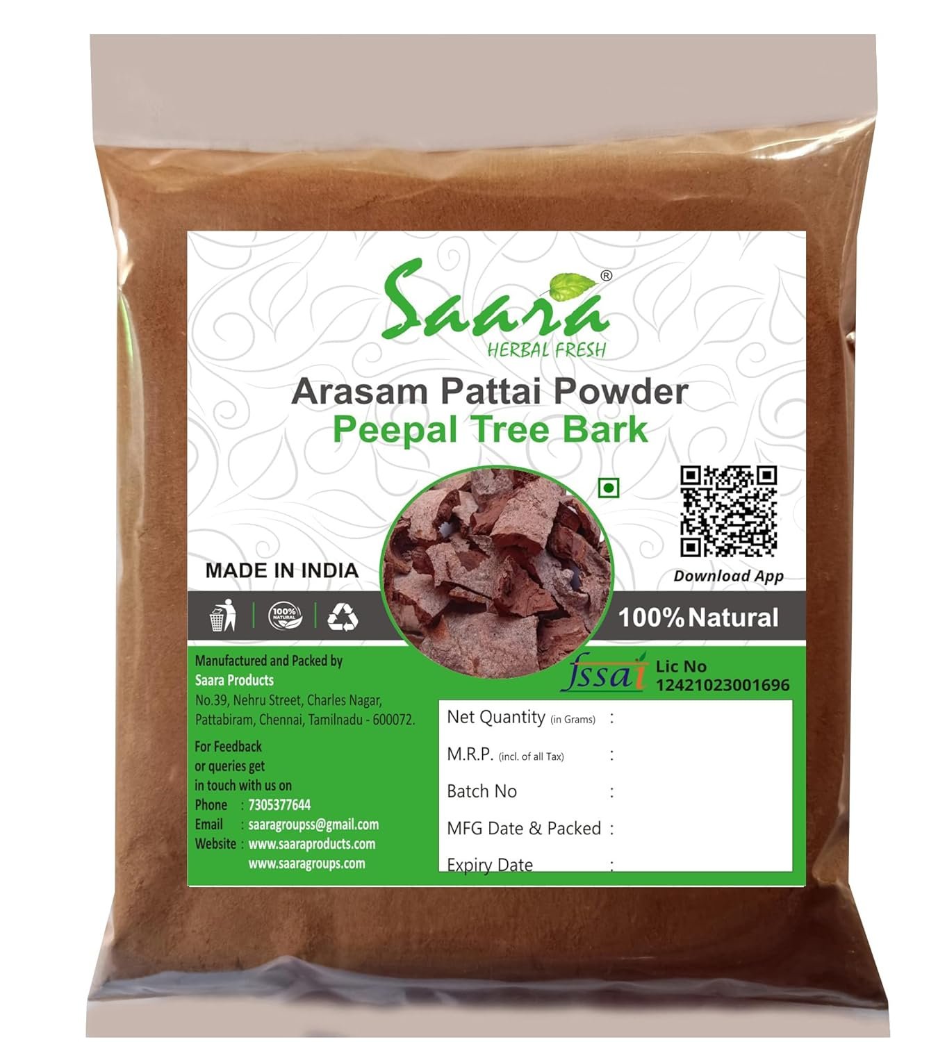 Arasam pattai, 100g, Peepal Tree Bark powder, Sacred Fig powder, Ficus Religiosa, Aswattha Chaal