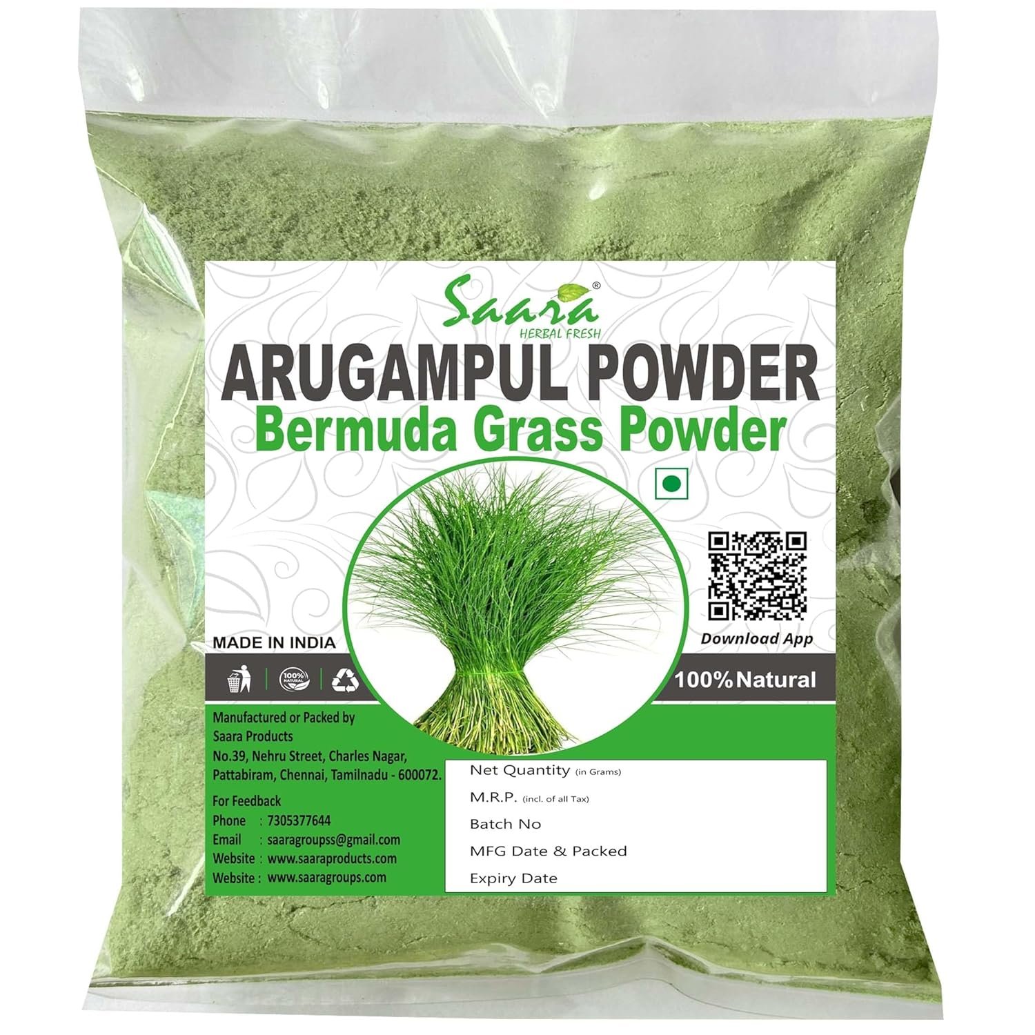 Arugampul Powder, 100g, Bermuda Grass, Bahama Grass, Indian Doab, Doob Grass powder