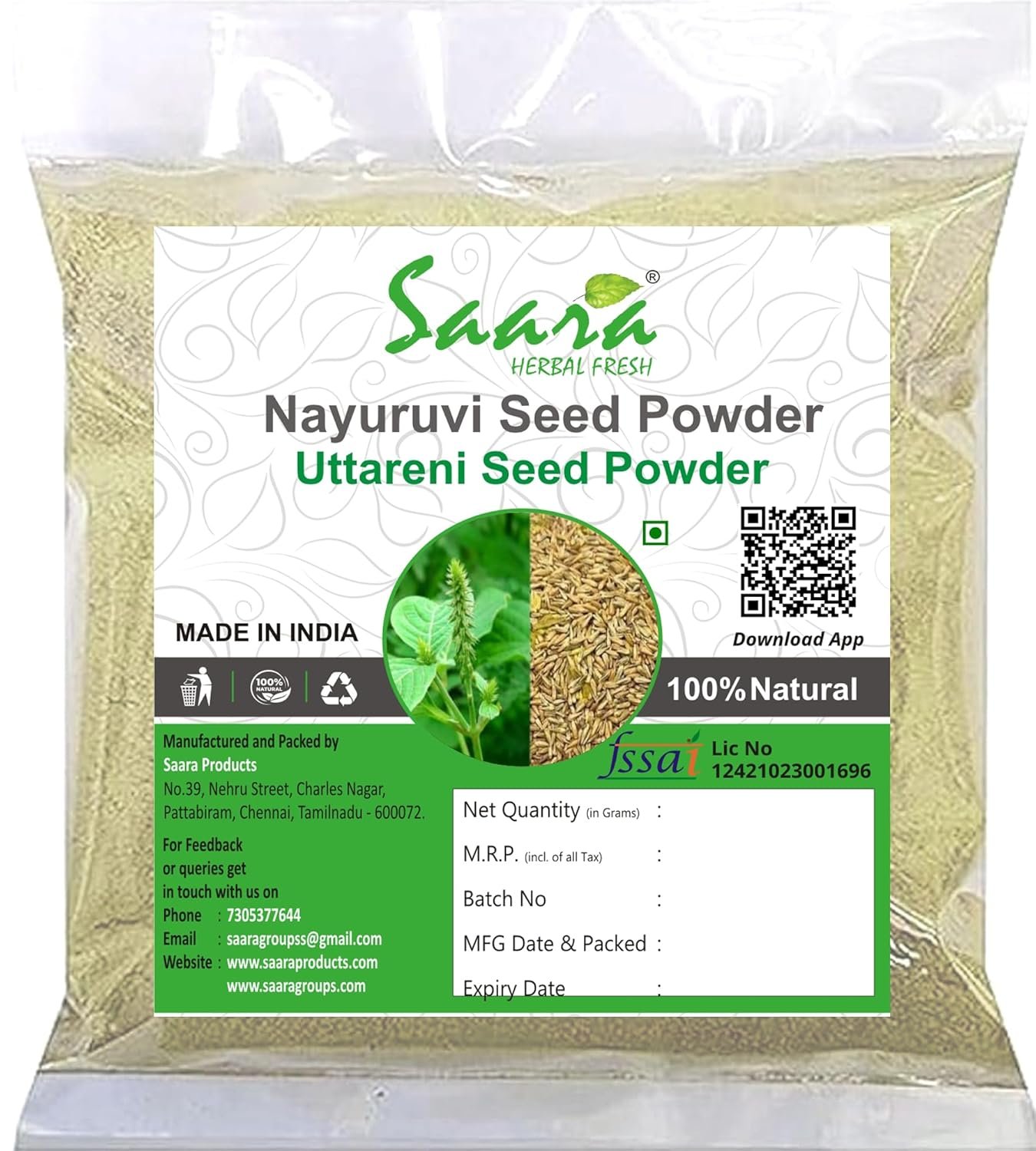Nayuruvi Seeds powder, 100g, Uttareni seeds powder, Apamarga, Achyranthes Aspera, Latjira, Chirchita
