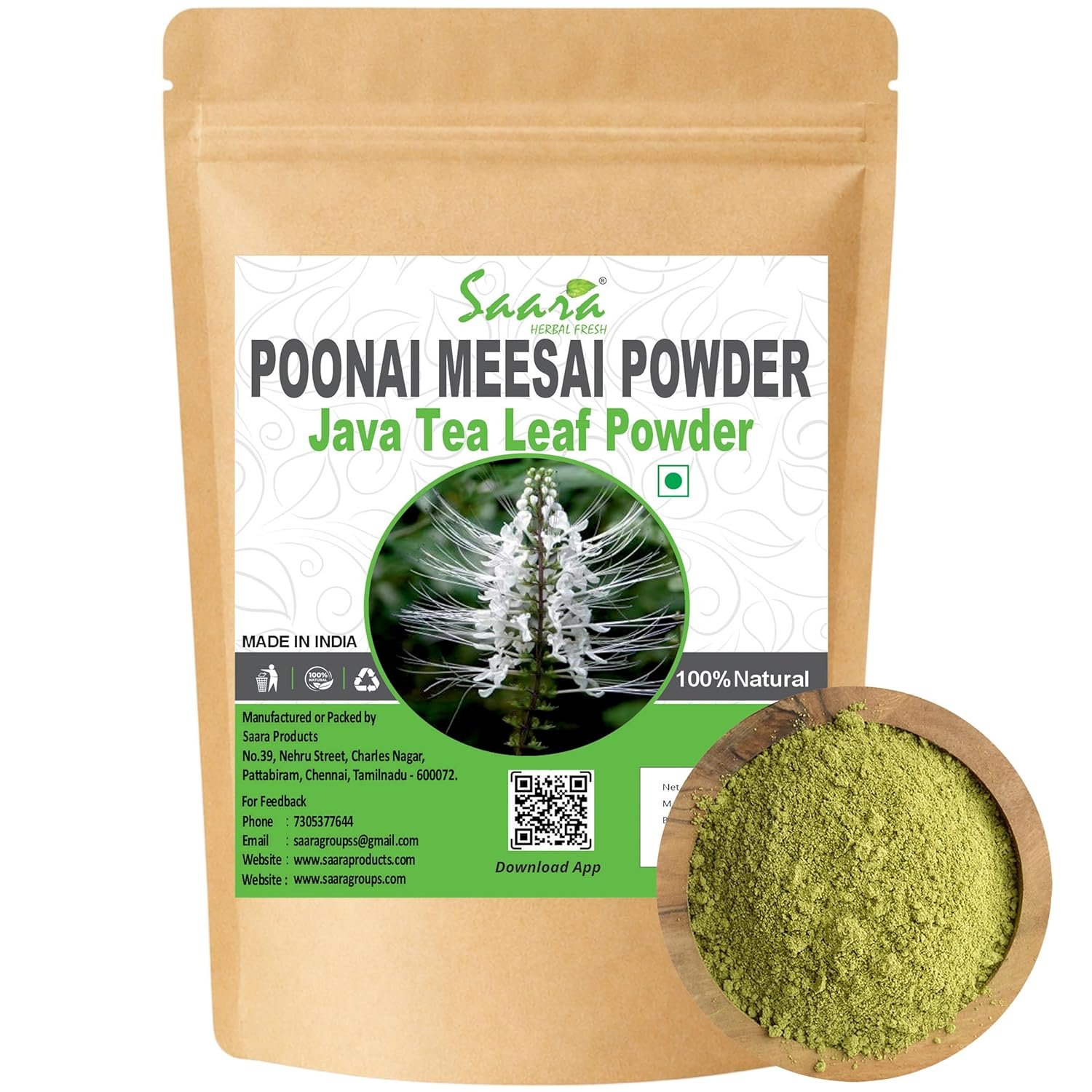 Poonai Meesai Powder, 100g, Java Leaf Tea, Cat Whiskers Plant, Orthosiphon Stamineus, Seeraga Tulsi Powder, Herbal Tea