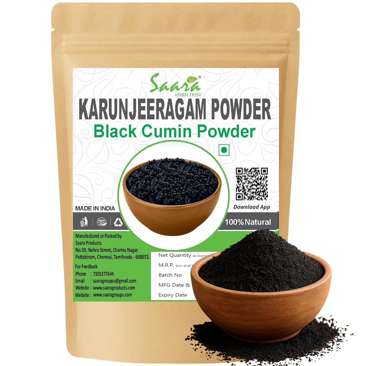 Karunjeeragam Powder, 100g, Black Cumin Seeds Powder, Kala Jeera, Kalonji Seeds