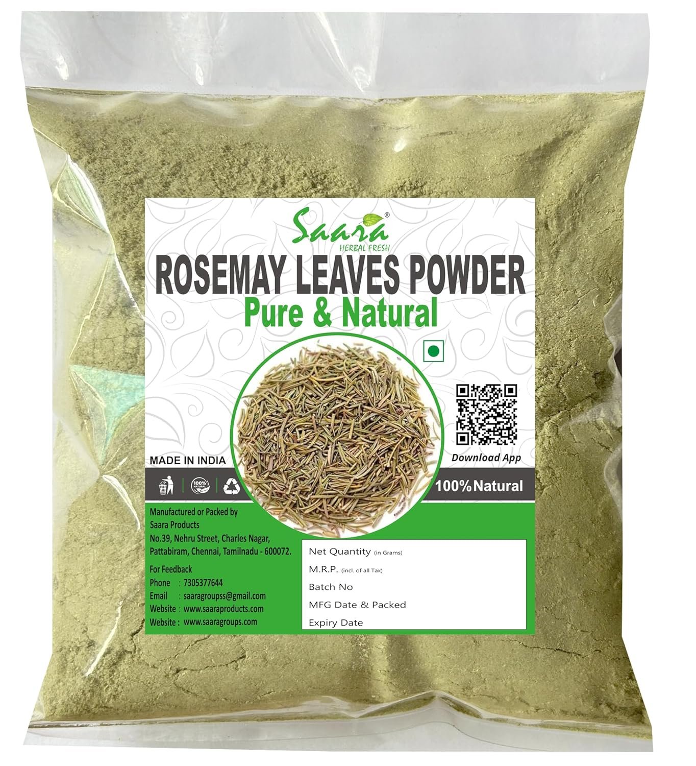 Rosemary Dried Leaves Powder, 50g, Gulmehendi Powder, Salvia Rosmarinus, Useful for Hair Growth, Herbal Tea & Cooking