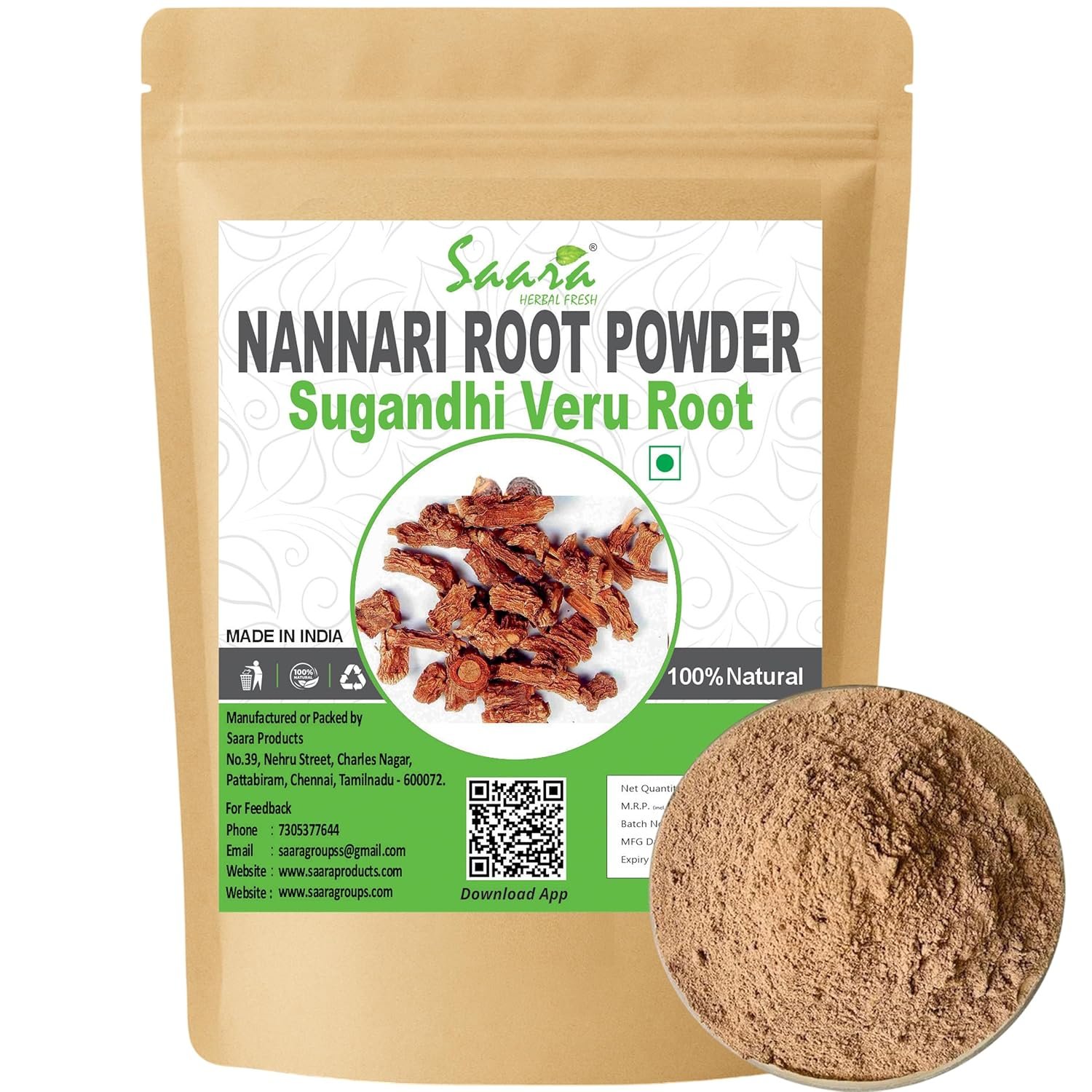 Nannari Root Powder, 100g, Kapuri, Naruninti, Anantamul, Sogade Beru