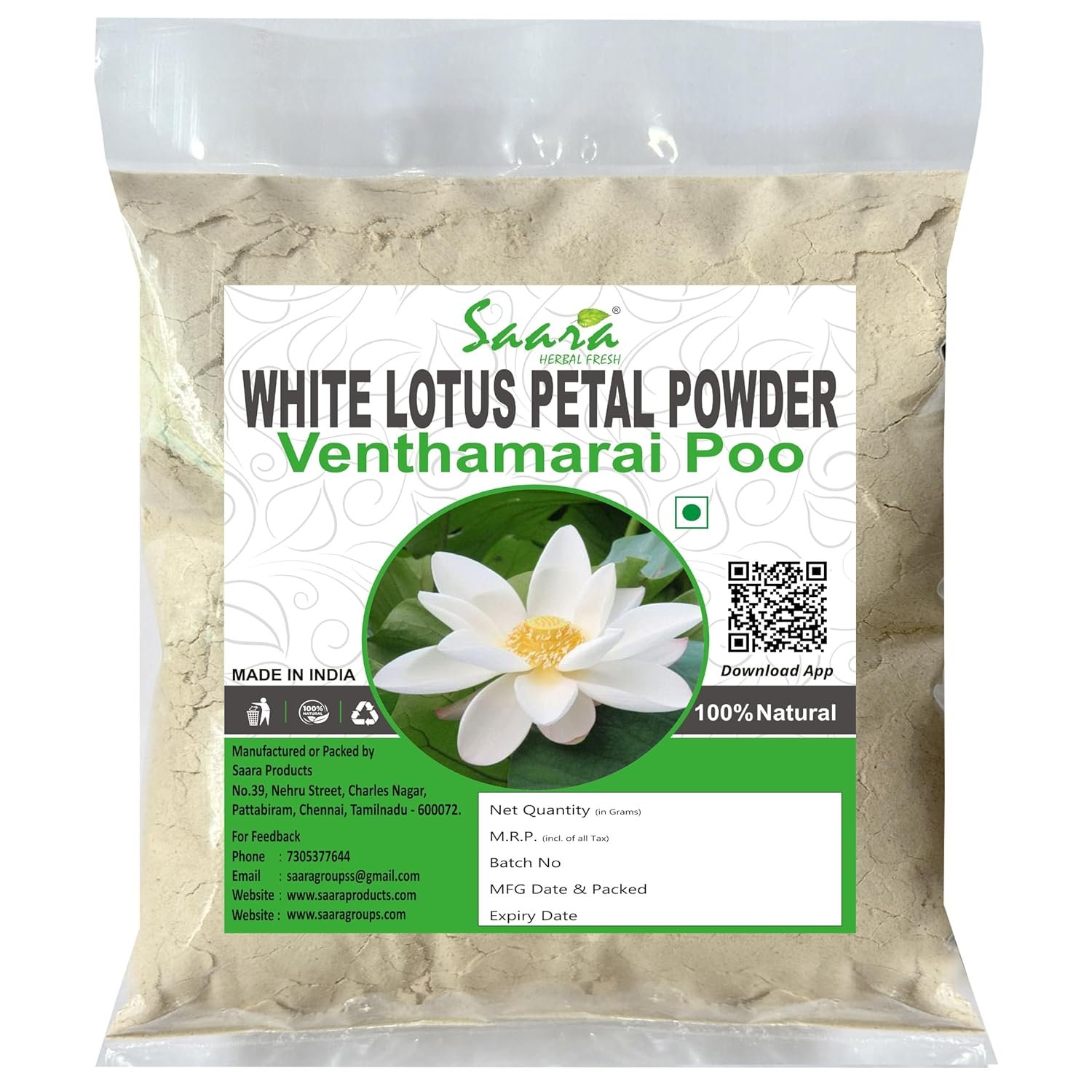 White Lotus Powder 100g? Natural Herbal Flower Powder ? Pure Dried White Lotus for Skin and Hair Care