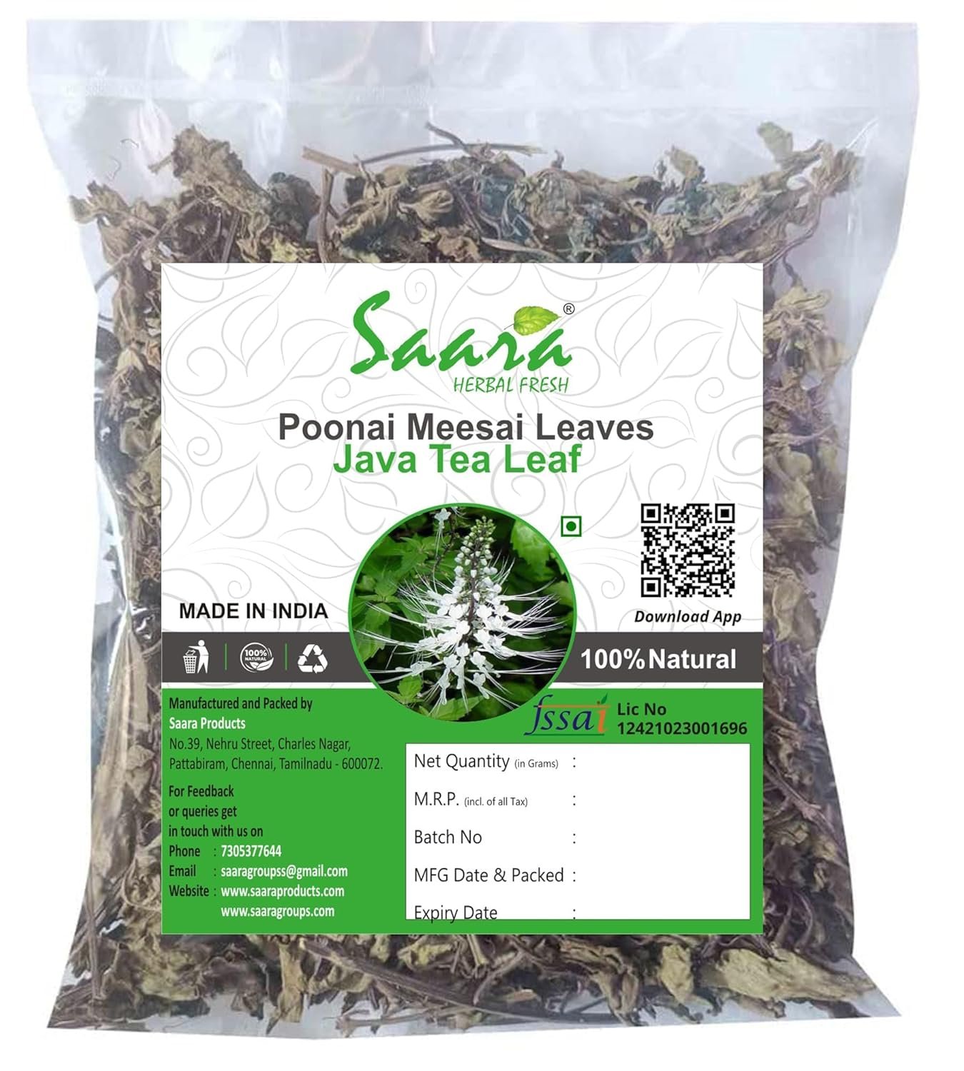 Poonai Meesai Leaves, 100g, Java Tea Leaf, Seraga Thulasi, Orthosiphon Stamineus, Helps Fight Bacteria (Pack of 1 X 100g)